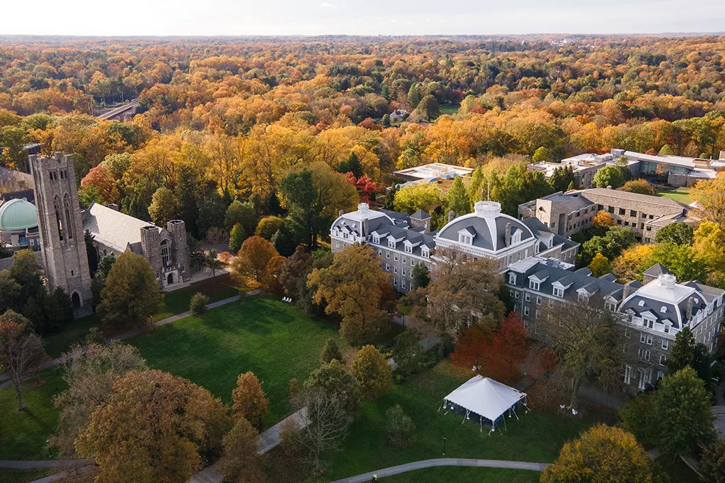 Drone shot of campus during fall