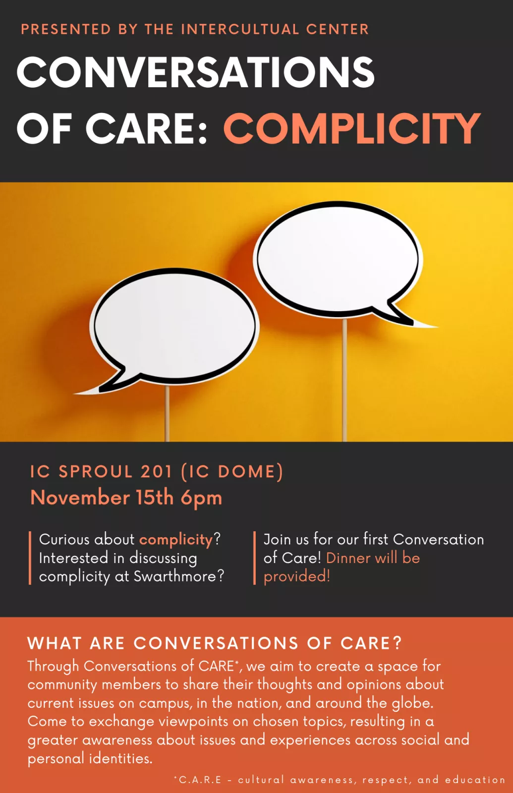 flyer advertising Conversations of CARE event with the theme "Complicity"