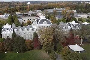 Aerial shot of Swarthmore campus during fall